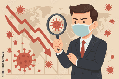 Businessman analyzes coronavirus economic impact. Global financial crisis caused by Covid-19 pandemic concept. Man in face mask, magnifying glass, world map, and red down arrow chart.
