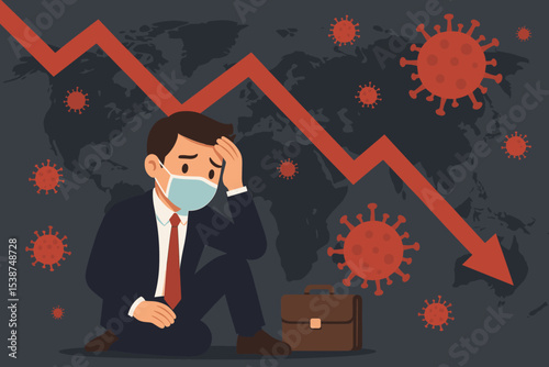Stressed businessman wearing face mask sits amid coronavirus pandemic. Economic crisis, financial recession, and stock market crash concept. Global impact with world map vector.