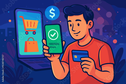 Digital Payment Success Concept. Young Man Online Shopping with Smartphone, Credit Card, and Laptop. E-Commerce Transaction Confirmation. Mobile Banking Secure Purchase. Modern Finance Illustration