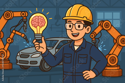 Smart Manufacturing Engineer with Hard Hat Holding Brain Lightbulb for Innovation, Surrounded by Robotic Arms and Car Production in Automated Factory, Technology and Industrial Automation Concept