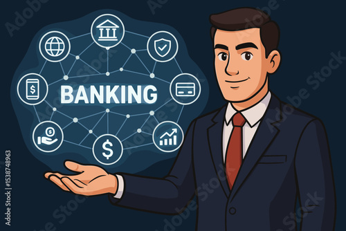 Digital banking network concept. Businessman presenting online financial technology, mobile payments, secure transactions, money transfer, virtual bank services, global finance integration