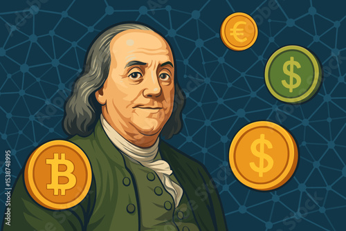Historical Figure in Blockchain Network Concept with Cryptocurrency Bitcoin, Dollar, Euro Coins, Digital Currency Evolution, Financial Innovation, Digital Money, Finance Technology Background
