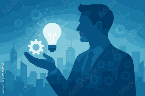 Businessman Hand Holding Light Bulb Innovation Gear Technology Concept. Creative Solution, Startup Idea, Engineering Process, Futuristic Business, Urban City Background, Innovation Management