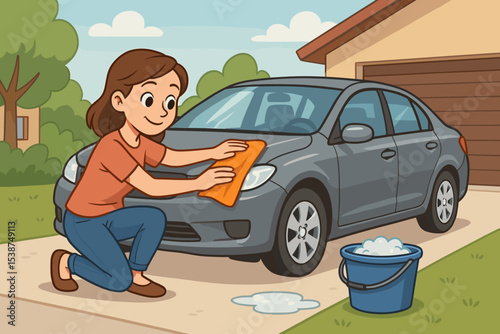 Cartoon woman washing car by hand outdoors with sponge and soap, driveway auto cleaning at home, summer weekend vehicle care, residential maintenance, domestic chores concept illustration