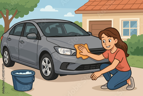 Weekend car wash at home. Animated woman cleaning grey sedan with sponge and soapy water in driveway. DIY vehicle detailing, auto care, outdoor cleaning, maintenance concept, suburban house scene