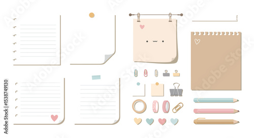 Cute stationery set with notebooks, paper clips, and colorful accessories vector illustration