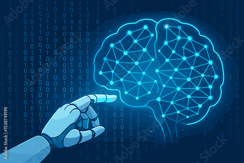 Artificial Intelligence Neural Network Concept. Robot Hand Touching Digital Brain. Machine Learning, Deep Learning, Data Science, Technology Interface, Binary Code, Automation, Innovation