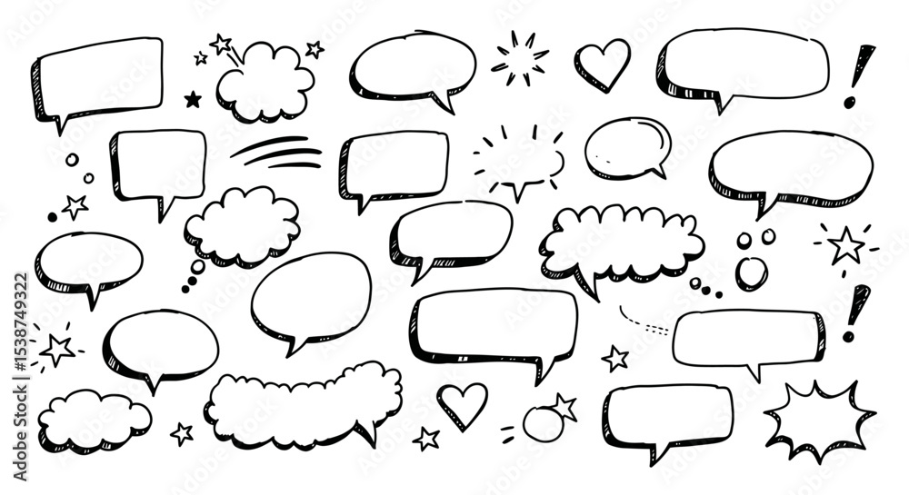 Obraz premium Hand-drawn speech bubbles and symbols in black and white vector illustration