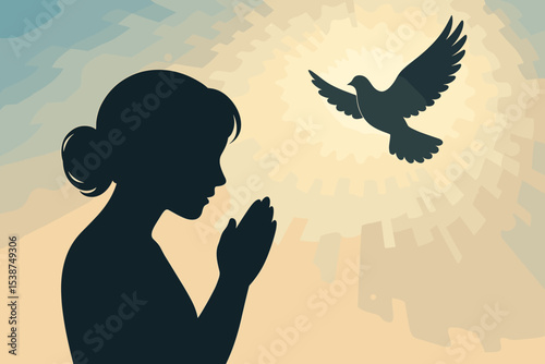 Silhouette of Woman Praying with Dove Symbolizing Peace, Hope, Faith, Spiritual Connection, Divine Light, and Religious Belief on Radiant Sunrise Background, Meditation Concept Illustration