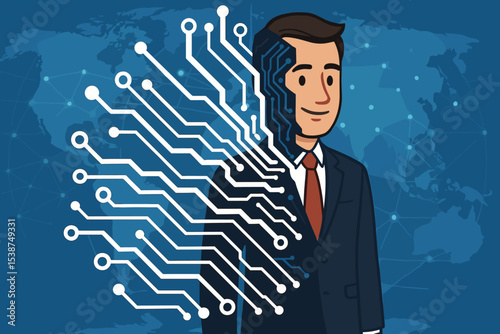 Businessman with Circuit Board Technology Overlay on World Map. Digital Transformation, Artificial Intelligence, Global Network, Corporate Innovation, Future Business Tech Integration Concept