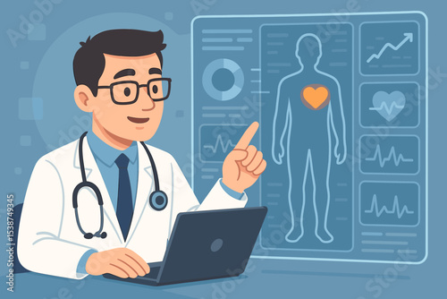 Virtual health analysis and futuristic medicine concept. Doctor at laptop pointing to digital screen with patient body scan, heart condition, cardiogram and medical data chart.