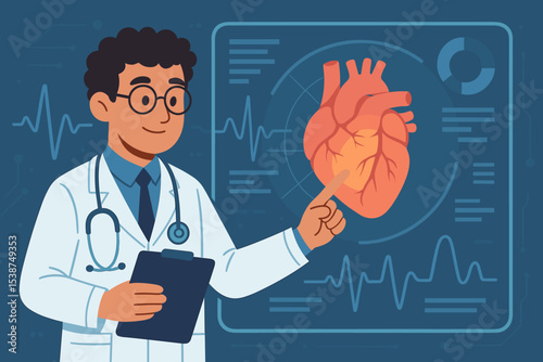 Cardiologist Examining Digital Heart Anatomy on Futuristic Medical Interface. Doctor with Stethoscope and Clipboard Using Modern Technology. Healthcare Diagnosis, Cardiology, Heart Health Concept