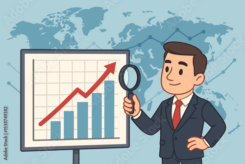 Businessman Analyzing Global Market Growth, Financial Chart with Upward Trend Arrow, Magnifying Glass, World Map Background, Economic Data Analysis, Success Strategy, Profitable Investment Concept