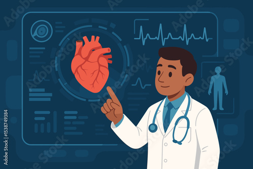 Male Cardiologist Doctor with Stethoscope Using High-Tech Medical Interface for Heart Health Monitoring and Digital Cardiology Analysis Concept Illustration