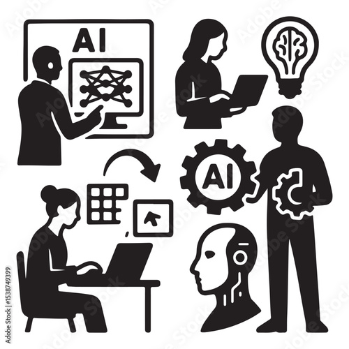 Characters working with generative AI model tools Deep learning artificial intelligence vector