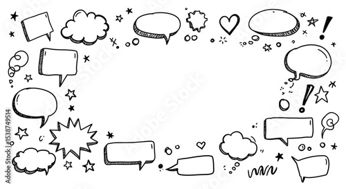 Hand-drawn speech bubbles and doodles frame in black and white vector illustration
