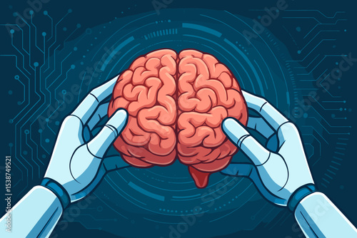 Artificial Intelligence and Human Brain Synergy Concept. Robot Hands Holding Human Brain. Futuristic Technology, Neural Interface, Machine Learning, AI Integration, Digital Mind, Science Illustration