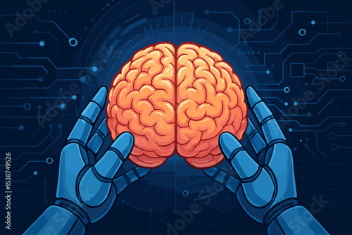 Artificial Intelligence and Human Brain Connection. Robot Hands Holding Brain. AI Technology vs Human Intelligence. Machine Learning, Neural Network, Digital Mind, Futuristic Science Concept