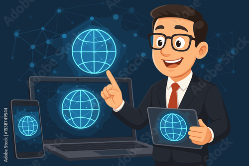 Businessman Presenting Global Network Connection on Digital Devices. Internet Technology, Worldwide Communication Concept. Laptop, Tablet, Smartphone, Data Sharing, Vector Illustration