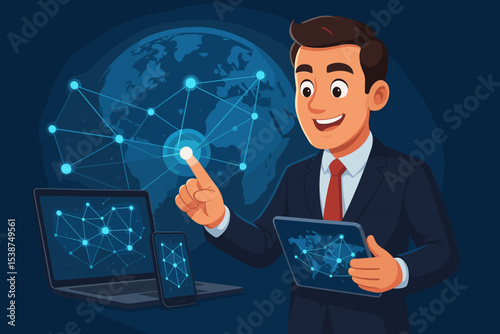 Businessman Touching Global Network Interface, Digital Connections Across Devices, Laptop Smartphone Tablet, Technology Communication, International Business Data Transfer, Blue World Map Background