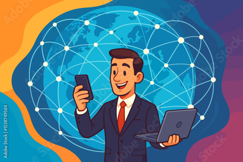 Global Business Network Concept, Businessman in Suit Using Smartphone and Laptop for Digital Communication, Worldwide Connectivity, Technology, Internet, Modern Corporate Collaboration