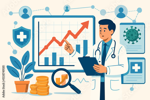 Healthcare network financial growth illustration. Doctor analyzing medical data, profit statistics, rising graph, investment, healthcare revenue, technology, innovation, pandemic impact, teamwork