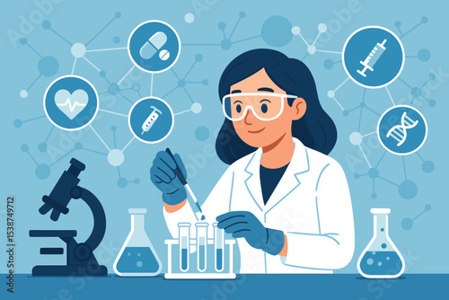 Female Scientist in Medical Laboratory Performing Research with Test Tubes and Pipette, Surrounded by Health Icons, DNA, Microscope, Medicine, Syringe, Science Network Connections Concept Illustration