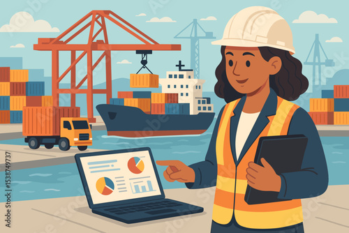 Female logistics manager analyzing supply chain data on a laptop at a seaport. Woman engineer overseeing container ship freight for import and export. Global trade and transport concept.