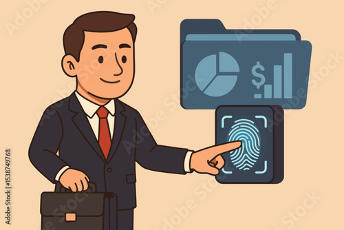 Businessman uses fingerprint scanner for biometric authentication. Secure access to confidential financial data folder. Cybersecurity and data protection technology concept. Vector.