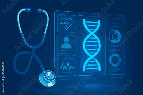 Medical research and science concept with a stethoscope next to a futuristic digital dashboard. Holographic interface shows DNA analysis, genetic profile, patient data, and heart diagnostics.