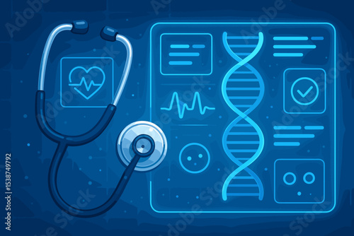 Medical technology innovation concept with a stethoscope and a holographic health interface. Futuristic display showing a DNA helix, cardiology EKG pulse, and genetic analysis data.
