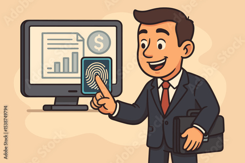 Biometric security concept with a cartoon businessman using a fingerprint scan to access financial data on a computer. Cybersecurity, personal data protection, and identity authentication.