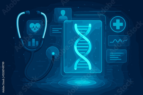 Futuristic medical technology and digital health concept. Holographic interface with stethoscope, DNA helix, and heart rate monitor. Healthcare innovation and genetic research background.