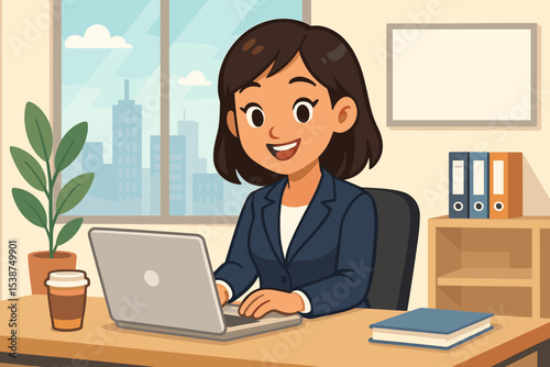 Happy smiling businesswoman character working on laptop at her desk in modern office. Professional female employee, manager at workplace. Flat cartoon vector illustration concept.