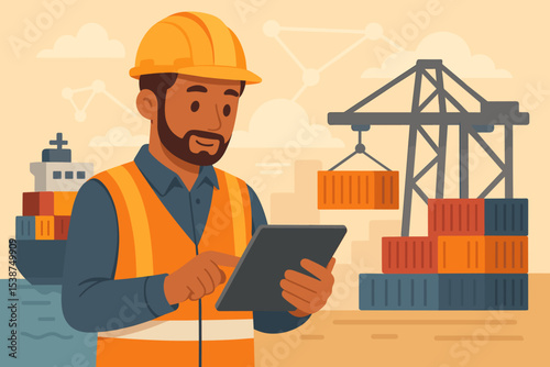 Smart logistics management concept. Supply chain technology. Worker with tablet at port supervising cargo shipment. Foreman controlling container ship loading with crane. Global trade.