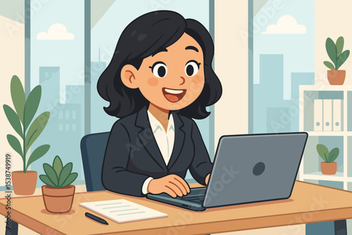Happy businesswoman working at desk in modern office. Young professional woman character typing on a laptop computer. Corporate employee, manager or assistant. Cartoon vector concept.