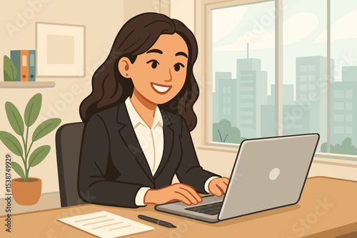 Professional businesswoman working on a laptop in a modern office. Smiling female employee in a suit sitting at a desk with a city view. Corporate success and career concept illustration.