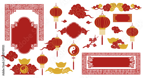 Traditional chinese decorative elements: lanterns clouds coins patterns vector illustration