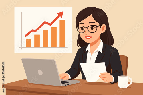 Businesswoman analyzing sales growth on laptop. Financial report with rising chart showing profit and success. Professional female manager at office desk working on data analysis.