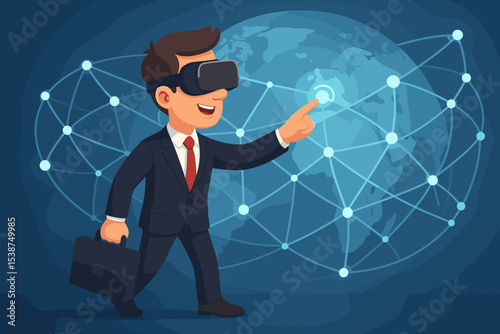 Businessman wearing VR headset interacts with a holographic global network. Metaverse concept for international business, futuristic communication, and worldwide connection. Virtual reality.