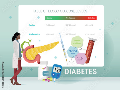 Doctor explaining diabetes blood glucose levels with pancreas and test results
