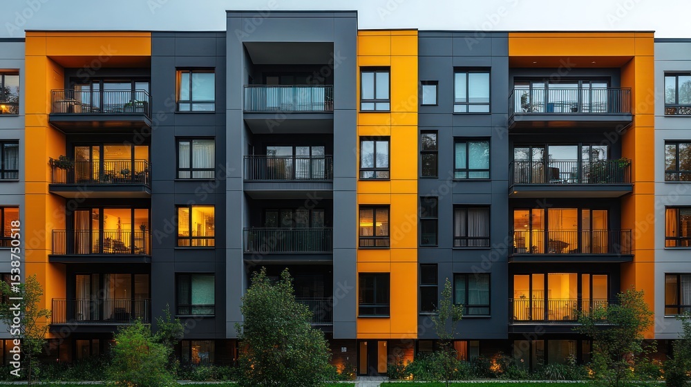 Obraz premium Modern apartment building with orange and gray facade at dusk.