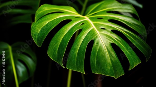 Vibrant green monstera leaf with intricate fenestrations and prominent veins against a dark background, showcasing lush tropical foliage and detailed textures.