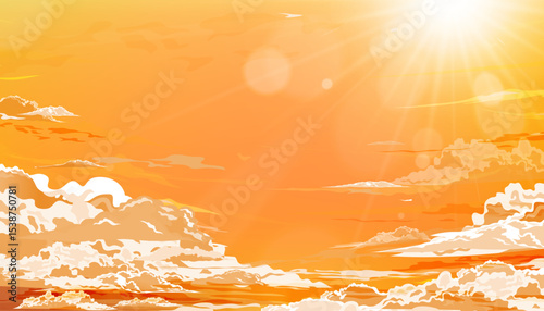 Sunset sky with light effect on orange background for Autumn banner,Fall backdrop yellow sunrise sky with bright light,Vector cartoon aerial view  Golden Hour in orange dusk Sky in Winter nature