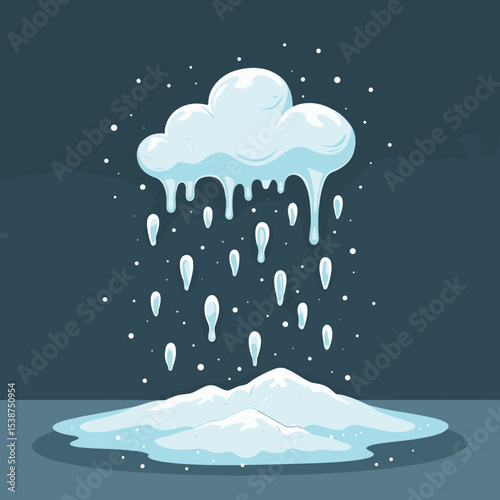 Snowy cloud with melting snowflakes over mound on dark background  