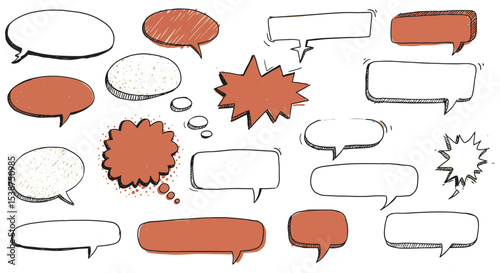 Various hand-drawn speech and thought bubbles in red and white vector illustration