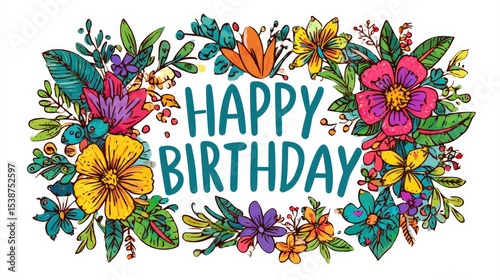 Colorful floral wreath surrounds the cheerful 