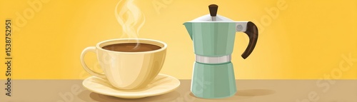 A steaming cup of coffee next to a teal stovetop espresso maker on a neutral surface with a warm yellow background.