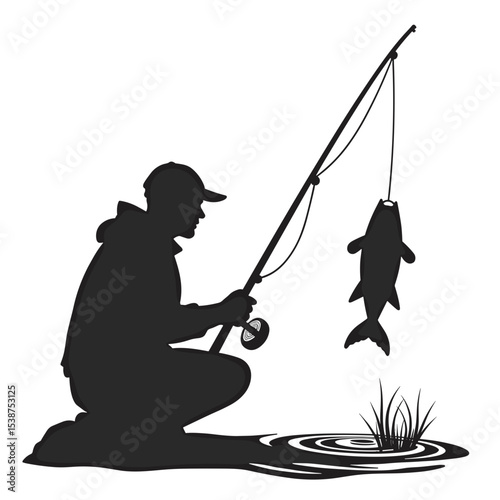 Silhouette of man fishing and holding caught fish by the water  