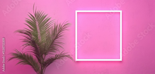 Bright Pink Wall with Neon Frame and Lush Green Plant Accent